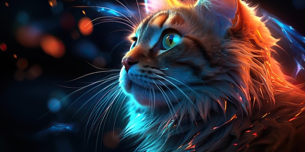 AI generato AI generativo Gatto seduto vicino alla luce incandescente al neon Ritratto volto animale domestico