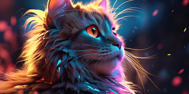 AI generato AI generativo Gatto seduto vicino alla luce incandescente al neon Ritratto volto animale domestico