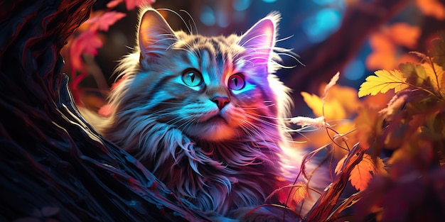 AI generato AI generativo Gatto seduto vicino alla luce incandescente al neon Ritratto volto animale domestico