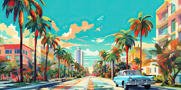 AI generato AI generativo Miami Beach vecchia auto retrò vintage con uso urbano di Ocean Palm City
