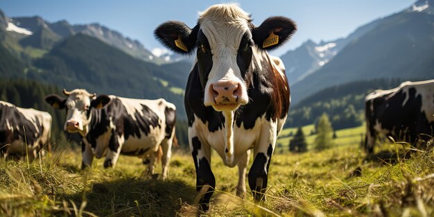 AI generato AI generativo Mucca faccia animale frontale divertente ritratto in campo verde paesaggio agricolo