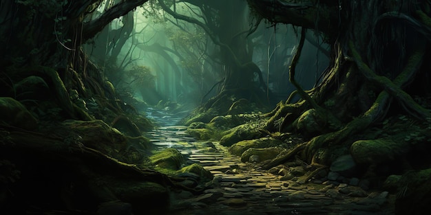 AI generato AI generativo Nebbioso fantasia magica giungla verde intenso foresta Percorso del sentiero avventuroso