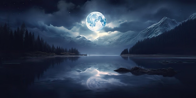 AI Generato AI Generativo Notte serale natura paesaggio all'aperto sfondo luna piena e montagne Arte grafica