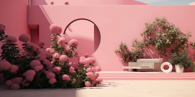 AI generato AI generativo Parete rosa fiori botanici architettura vegetale Atmosfera minimale e accogliente di lusso