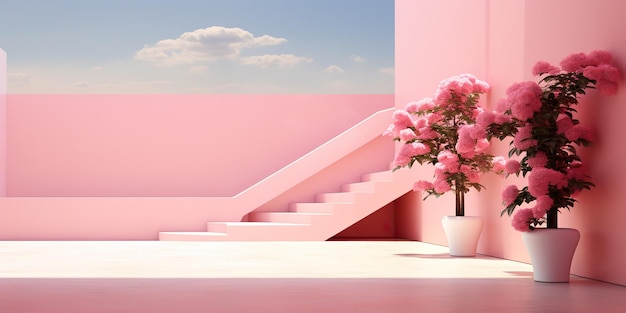 AI generato AI generativo Parete rosa fiori botanici architettura vegetale Atmosfera minimale e accogliente di lusso