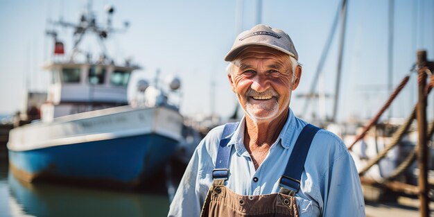 AI Generato AI Generativo Persona adulta maschio anziano volto ritratto capitano pescatore al molo di legno posizione della barca sfondo all'aperto illustrazione grafica