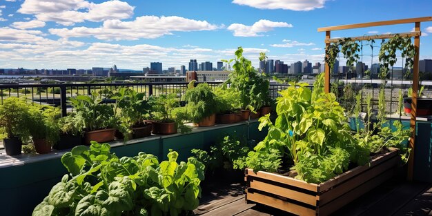 AI Generato AI Generativo Rooftop città edificio urbano giardino biologico a base di erbe