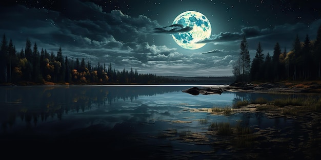 AI generato AI generativo Serata notturna natura paesaggio all'aperto sfondo luna piena e montagne Illustrazione di arte grafica