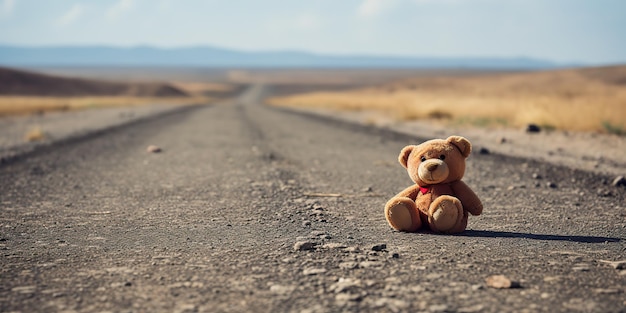 AI Generato AI Generativo Solitario rotto smarrito orso gioco giocattolo animale sulla strada Vista triste
