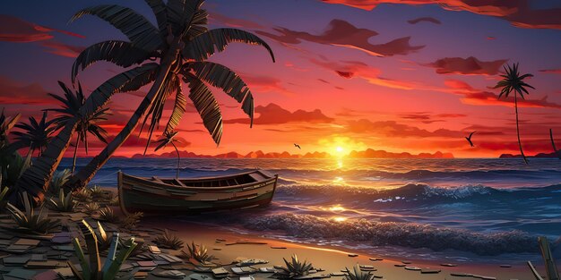 AI generato AI generativo tramonto isola paradiso tropicale palme mare oceano vacanza