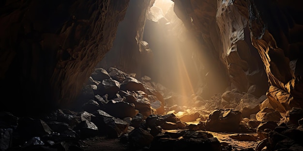 AI Generato AI Generativo Vecchia grotta profonda sotto la terra con la luce dei raggi solari dall'alto Illustrazione grafica
