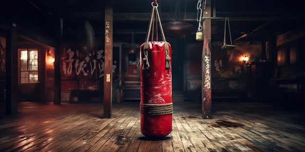 AI generato AI generativo Vecchia palestra vintage con vecchia borsa in pelle da boxe vintage Arte grafica dell'atmosfera dell'atleta messicano americano