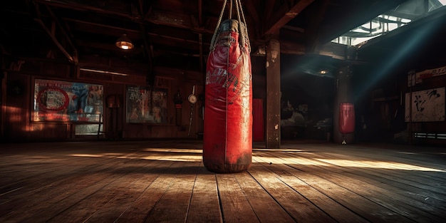 AI generato AI generativo Vecchia palestra vintage con vecchio sacco da boxe vintage