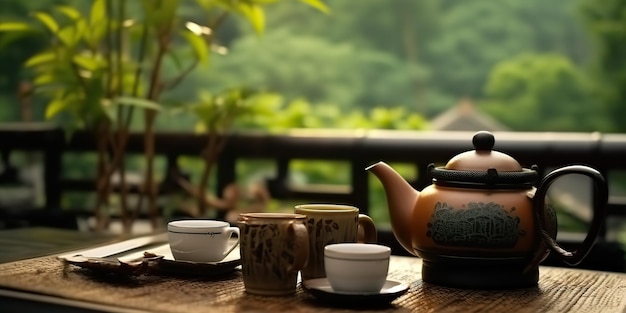 AI generato AI Tempio cinese generativo con set da tè sul tavolo di bambù Tradizionale asiatico