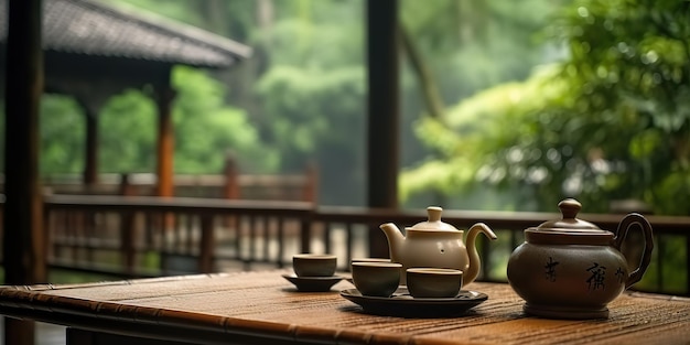 AI generato AI Tempio cinese generativo con set da tè sul tavolo di bambù Tradizionale asiatico