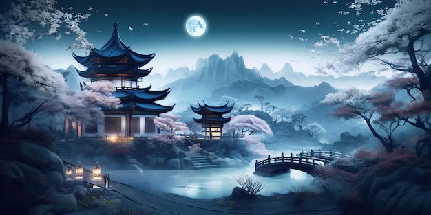 AI Generato asiatico cinese stile cartone animato colori blu pagoda tempio torre paesaggio AI Generativo