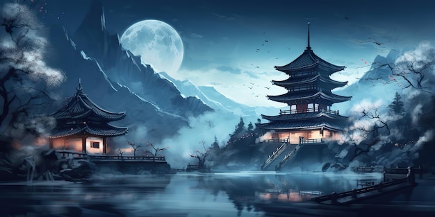 AI Generato asiatico cinese stile cartone animato colori blu pagoda tempio torre paesaggio AI Generativo