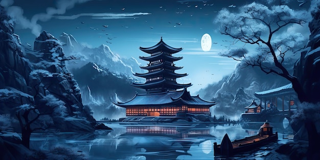 AI Generato asiatico cinese stile cartone animato colori blu pagoda tempio torre paesaggio AI Generativo