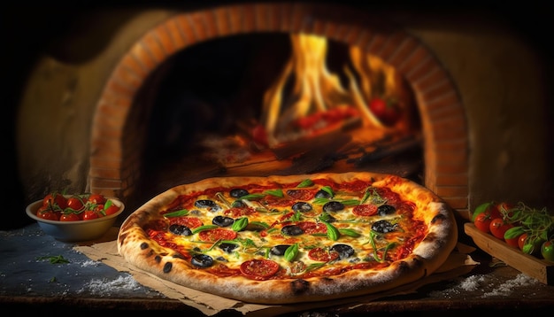 AI generato dalla pizza tradizionale italiana cotta nel vecchio forno a legna