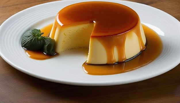 AI generato di budino crema caramello panna cotta isolato su piatto bianco