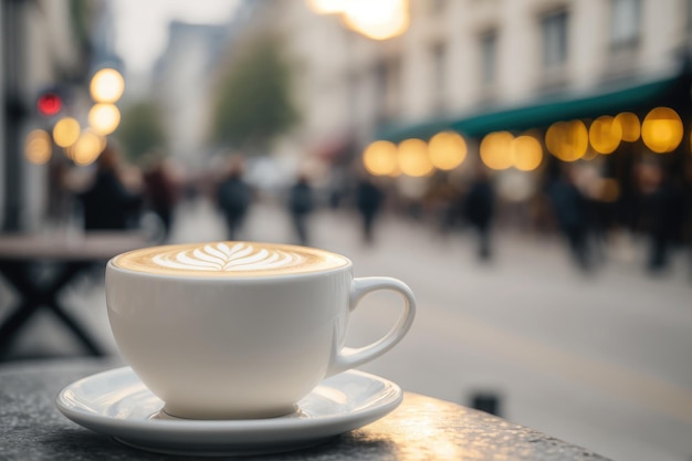 AI generato di caffè latte art caldo in tazza su tavolo di legno e sfocatura sfondo coffeeshop