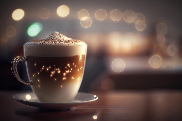 AI generato di caffè latte art caldo in tazza su tavolo di legno e sfocatura sfondo coffeeshop