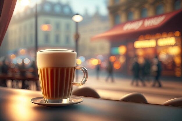 AI generato di caffè latte art caldo in tazza su tavolo di legno e sfocatura sfondo coffeeshop