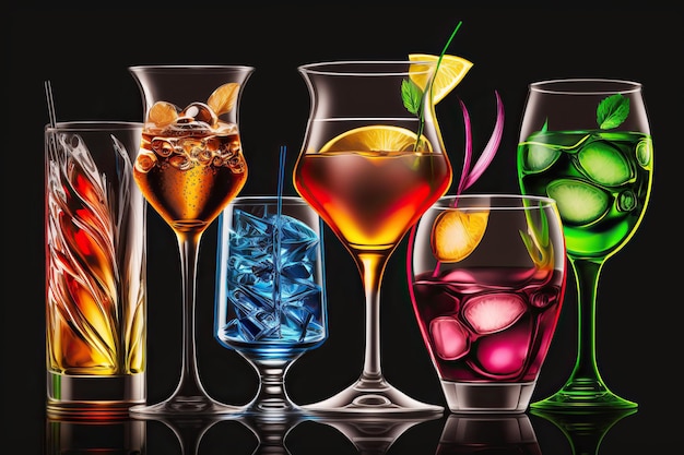 Ai generato illustrazione Cocktail assortiti su sfondo nero