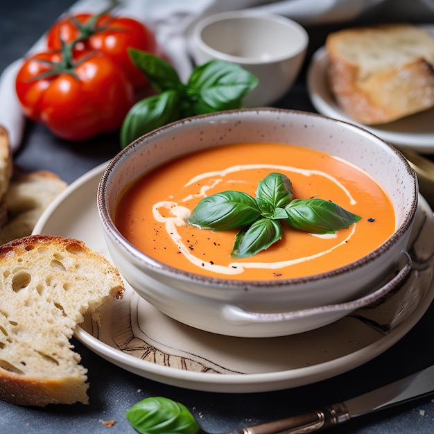 Ai generato illustrazione deliziosa zuppa di pomodoro con pane all'aglio