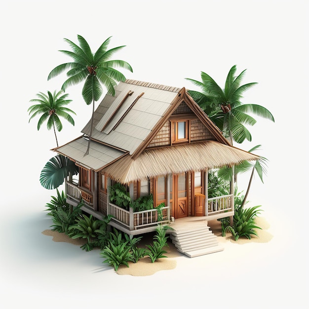 Ai generato illustrazione della casa tropicale malese in legno con palma