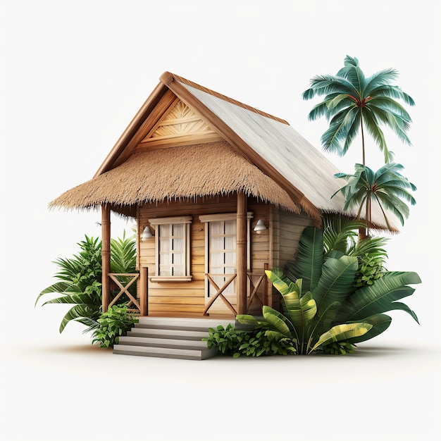 Ai generato illustrazione della casa tropicale malese in legno con palma
