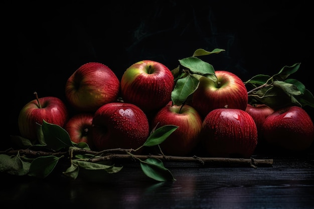 AI generato illustrazione di mele rosse su un lussureggiante ramo di un albero verde isolato su backrgou scuro
