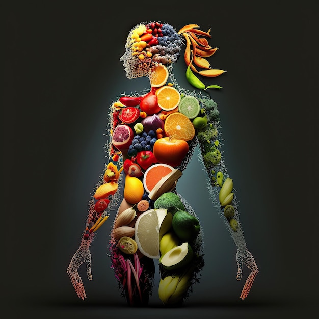 Ai generato illustrazione donne astratte con frutta e verdura Stile di vita vegano Cibo sano