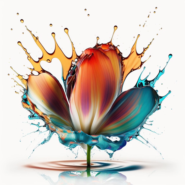 Ai generato illustrazione fiore colorato spruzzi d'acqua su sfondo bianco