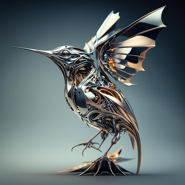 Ai generato illustrazione metallizzato cromo colibrì uccello in metallo