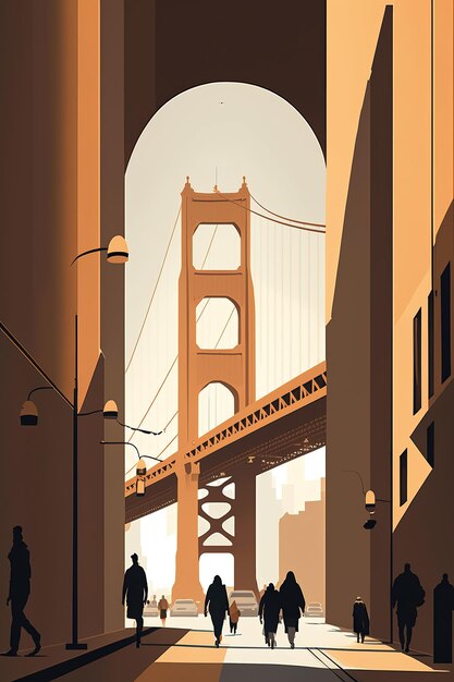 Ai generato illustrazione skyline della città di san francisco con persone che camminano per strada