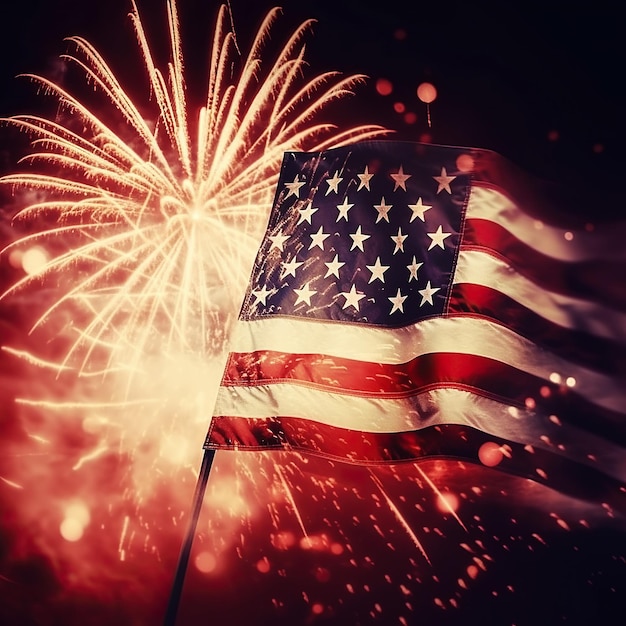 Ai generato illustrazione Spirito patriottico della bandiera degli Stati Uniti contro un colorato fuochi d'artificio