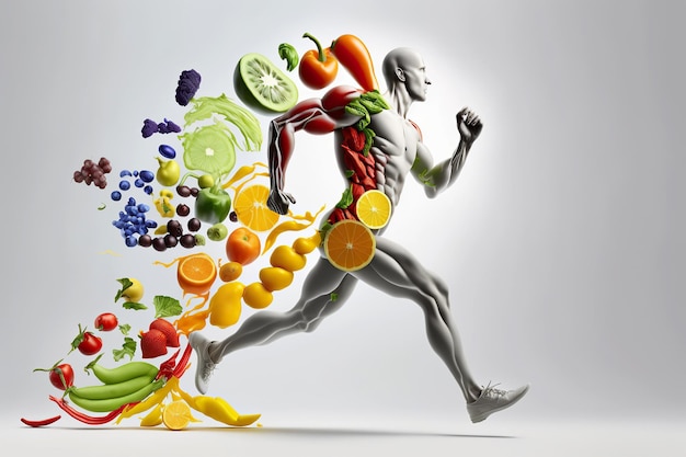 Ai generato illustrazione uomo che corre con molta energia Frutta che forma un corpo umano