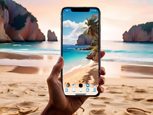 AI generato immagine di fotografia estate bellissima spiaggia sul telefono in mano
