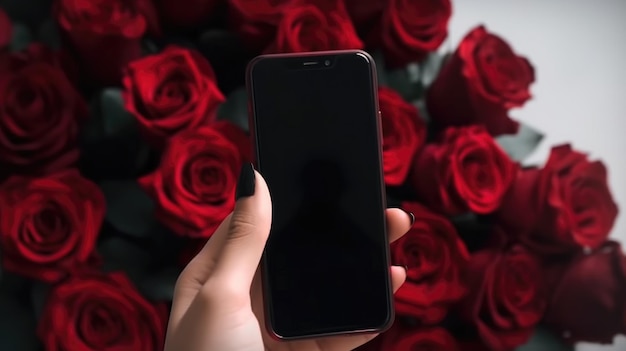 Ai generato Una donna tiene un telefono sullo sfondo di un bouquet di rose rosse Mockup della consegna di fiori telefono
