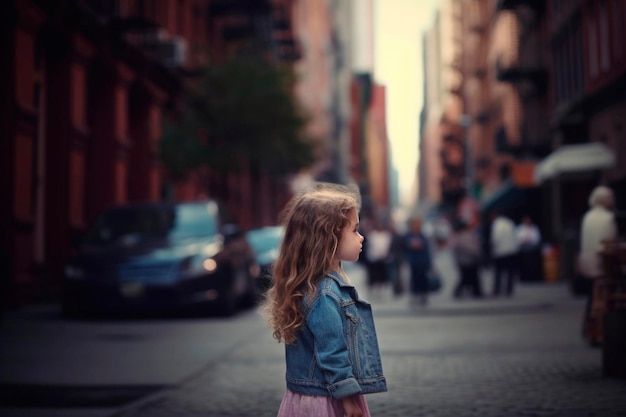 AI generato vista posteriore ritratto candida autentica bambina dai capelli castani sullo sfondo della strada urbana