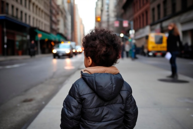 AI generato vista posteriore ritratto di candido ragazzino afroamericano sullo sfondo di una strada urbana