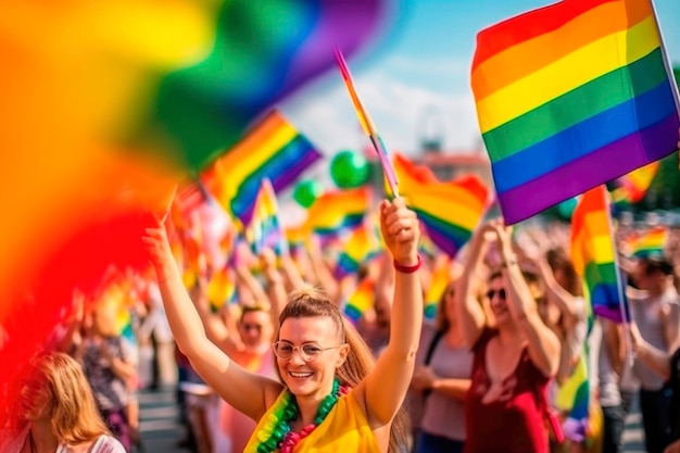 AI ha generato bandiere arcobaleno in primo piano della comunità LGBT che soffiano nel vento sulla strada della parata gay