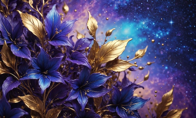 AI ha generato fiori a petali blu con foglie dorate sullo sfondo di una galassia stellata