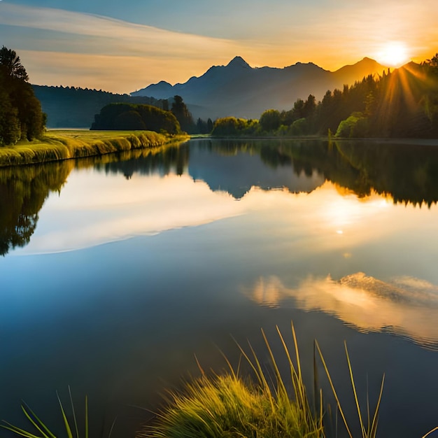 Ai ha generato il fiume della natura con un tramonto sullo sfondo