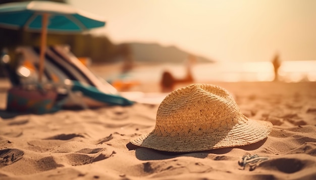 Ai ha generato l'illustrazione del cappello di paglia estivo da donna sulla sabbia della spiaggia