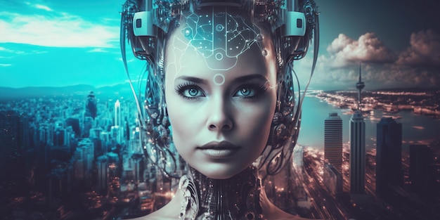 Ai ha generato l'illustrazione della donna cyborg di intelligenza artificiale nella futuristica città al neon cyberpunk