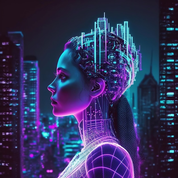 Ai ha generato l'illustrazione della donna cyborg di intelligenza artificiale nella futuristica città al neon cyberpunk