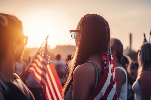Ai ha generato l'illustrazione dello spettacolo della bandiera americana da parte di persone durante la parata del Memorial Day che Dio benedica l'America