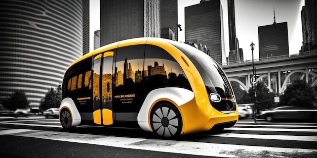 Ai ha generato l'illustrazione di autobus taxi futuristici gialli sulla strada che guidano nella città futuristica